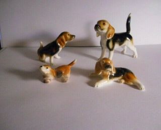 4 Vintage Beagle Hound Dog Family Mini Miniature Bone China Porcelain Figurines