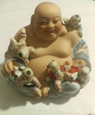 Large Antique Vintage Chinese Buddha Statue Porcelain Happy Buddha With Children