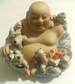 Large Antique Vintage Chinese Buddha Statue Porcelain Happy Buddha With Children 2
