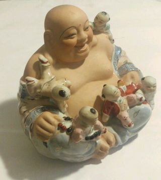 Large Antique Vintage Chinese Buddha Statue Porcelain Happy Buddha With Children 3