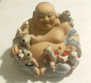 Large Antique Vintage Chinese Buddha Statue Porcelain Happy Buddha With Children 4