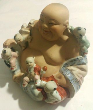 Large Antique Vintage Chinese Buddha Statue Porcelain Happy Buddha With Children 5