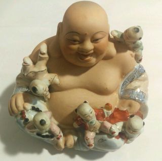 Large Antique Vintage Chinese Buddha Statue Porcelain Happy Buddha With Children 6