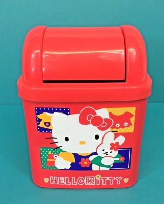 Vintage Sanrio Hello Kitty Red Metal Tin Mini Trash Can Waste Basket Plastic Lid