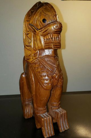 Vintage Hand Carved Temple Guardian Lion Statue Teak Wood Foo Dog 10 1/2 "