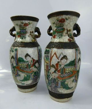 Chinese Antique Famille Verte Crackle Glaze Vases - Court Musicians Qing