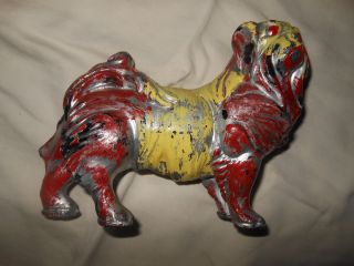 Vintage Pekingese? Dog Solid Cast Metal Painted Figurine 4.  25 " Tall 5.  5 " Long