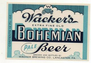 Blue 12oz Bohemian Type Pale Beer Label By Wacker Brewing Co Lancaster Pa
