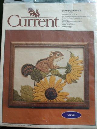 Current " Cheery Chipmunk " Crewel Embroidery Picture Kit Vintage 1983 8x10 Wool
