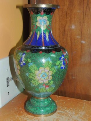 Vintage Cloisonne 9 " Vase Brass Or Copper Green Floral Leaf Enamel Stone Antique