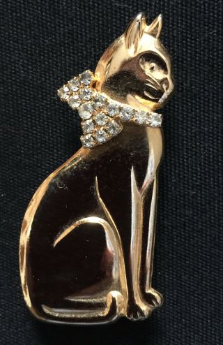 Vintage Gold Tone Siamese Cat Kitty Rhinestone Bow Pin Brooch