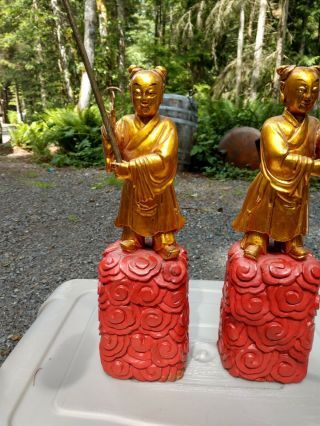 Antique Imperial Chinese Gold Gilt Lacquered Wood Carved Guard Figure Statue