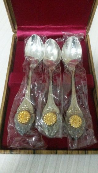 Antique Japanese Emperor Chrysanthemum Crest Silver Spoon Set Of 3 W/ Box