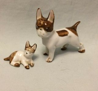 2 Antique German Porcelain Boston Terrier Dogs Miniature Dollhouse Size