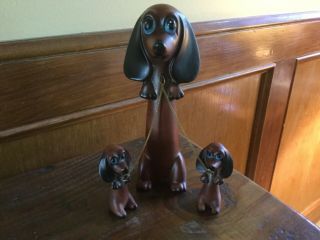 Vintage Dachshund Mom And 2 Pups With Chains Big Blue Eyes Delightfully Cute