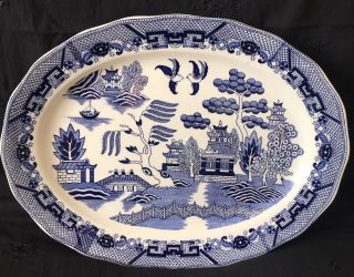 Vintage Japanese Porcelain Blue & White Willow Pattern Plate Dia - 35x45.  7cm Ec