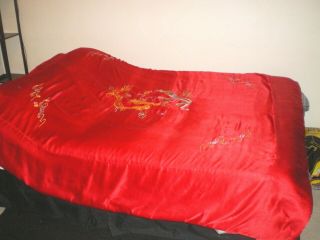 Old Chinese Red Silk Duvet Cover Embroidered W/dragon Phoenix Flowers
