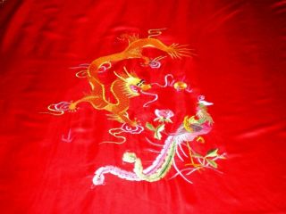 Old Chinese Red Silk Duvet Cover Embroidered w/Dragon Phoenix Flowers 2