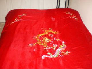Old Chinese Red Silk Duvet Cover Embroidered w/Dragon Phoenix Flowers 3