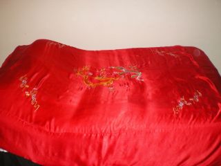 Old Chinese Red Silk Duvet Cover Embroidered w/Dragon Phoenix Flowers 6