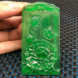 Rare Collectible Chinese Green Jadeite Jade Carved Lotus Plaque Handwork Pendant