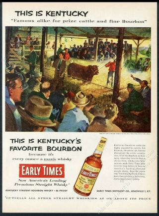 1954 Kentucky Cattle Cow Bull Art Early Times Bourbon Print Ad