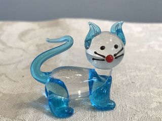 Vintage Clear And Blue Hand Blown Glass Cat Figurine Small Gift