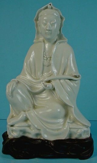 19thc Chinese Blanc De Chine Porcelain Seated Guanyin With Ruyi Scepter Figurine