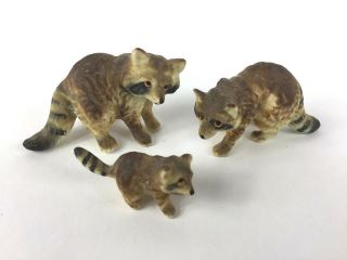 Vintage Miniature Raccoon Family Of Three Unglazed Ceramic China Doll House