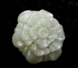 Vtg Chinese Hetian White Jade Carved Flower Large Bead