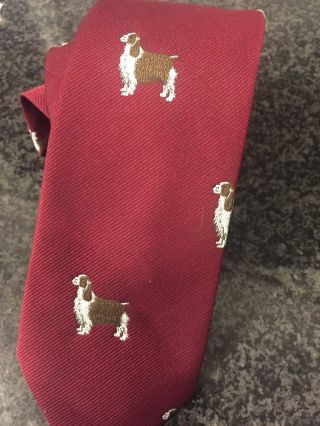 Men’s Neck Tie English Springer Spaniel Dog Embroidered Burgundy Necktie Vintage