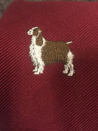 Men’s Neck Tie English Springer Spaniel Dog Embroidered Burgundy Necktie Vintage 3
