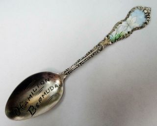 Vintage Small Sterling Silver Souvenir Spoon,  Enamel Lily Flower,  Bermuda