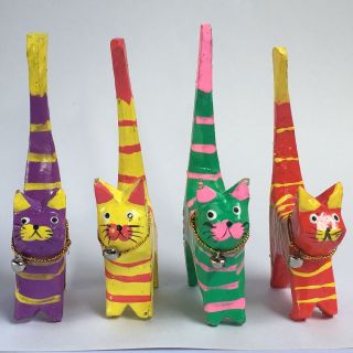 4 Pc Wooden Cat Figure Carved Stripe Pattern Bell Handmade Multi Color Red Green