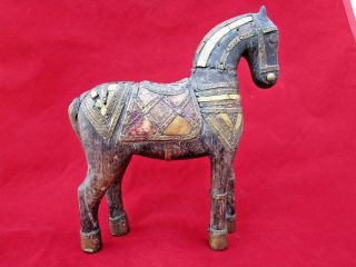 Vintage Wooden Horse Hand Carved Brass & Bone Fitted Decorative Statue India
