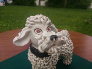 Vintage Ceramic Spaghetti Poodle Dog Figurine White With Black Collar