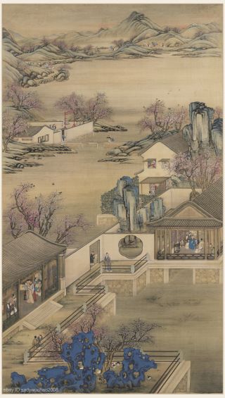 Chinese Scroll Painting Mountain Landscape Sansui Emperor To Admire Peach Flower
