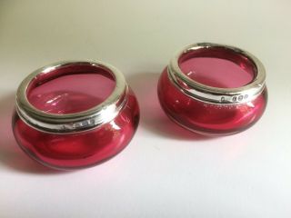 Antique Victorian Sterling Silver & Cranberry Glass Salts - London 1861