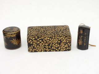 (x3) Antique Meiji Period Japanese Black And Gold Lacquer Ojime Box