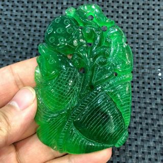 Rare Chinese Handwork Green Jadeite Jade Collectible Lucky Basket & Fish Pendant