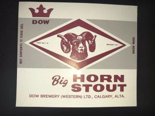 1x 1960s Dow Big Horn Stout Beer Label.  Dow Brewery Calgary