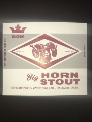 1x 1960s Dow Big Horn Stout Beer Label.  Dow Brewery Calgary 2