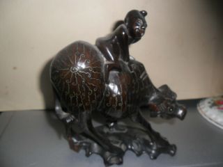 Antique 19th C Chinese Wooden Carved Rider On Silver Inlay Water Buffalo Statue