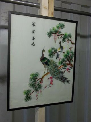 Artist Signed Chinese Silk Picture Art Work,  Framed,  Glazed,  Birds