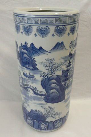 Chinese Canton Blue & White Porcelain Umbrella Stand - 18 "