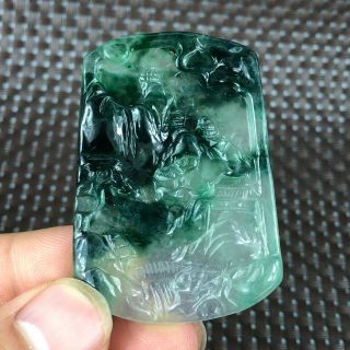 Collectible Rare Ice Green Jadeite Jade Handwork Chinese Rich Landscape Pendant