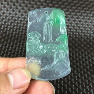 Chinese Rare Collectible Ice Green Jadeite Jade Carve Handwork Landscape Pendant