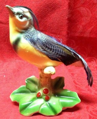 Vintage California Creations By Bradley Gray Yellow Porcelain Bird Real Feathers