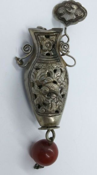 Antique Chinese Qing Dynasty Silver Carnelian Needle Case Pendant Fish Vase