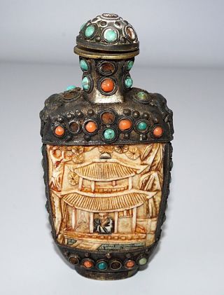 20c Chinese Mongolian Style Snuffbottle W.  Bone & Metal & Coral & Turquoise (wil)